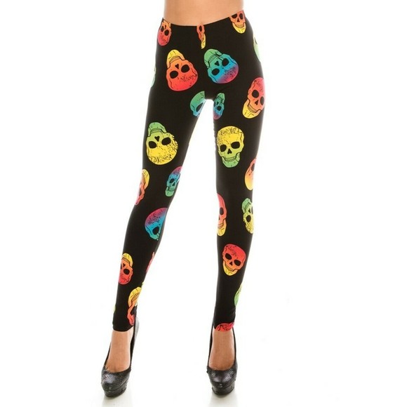 Reg‎ One Size Buttery Soft Black Yellow and Red Sugar Skull Leggings - Picture 4 of 6